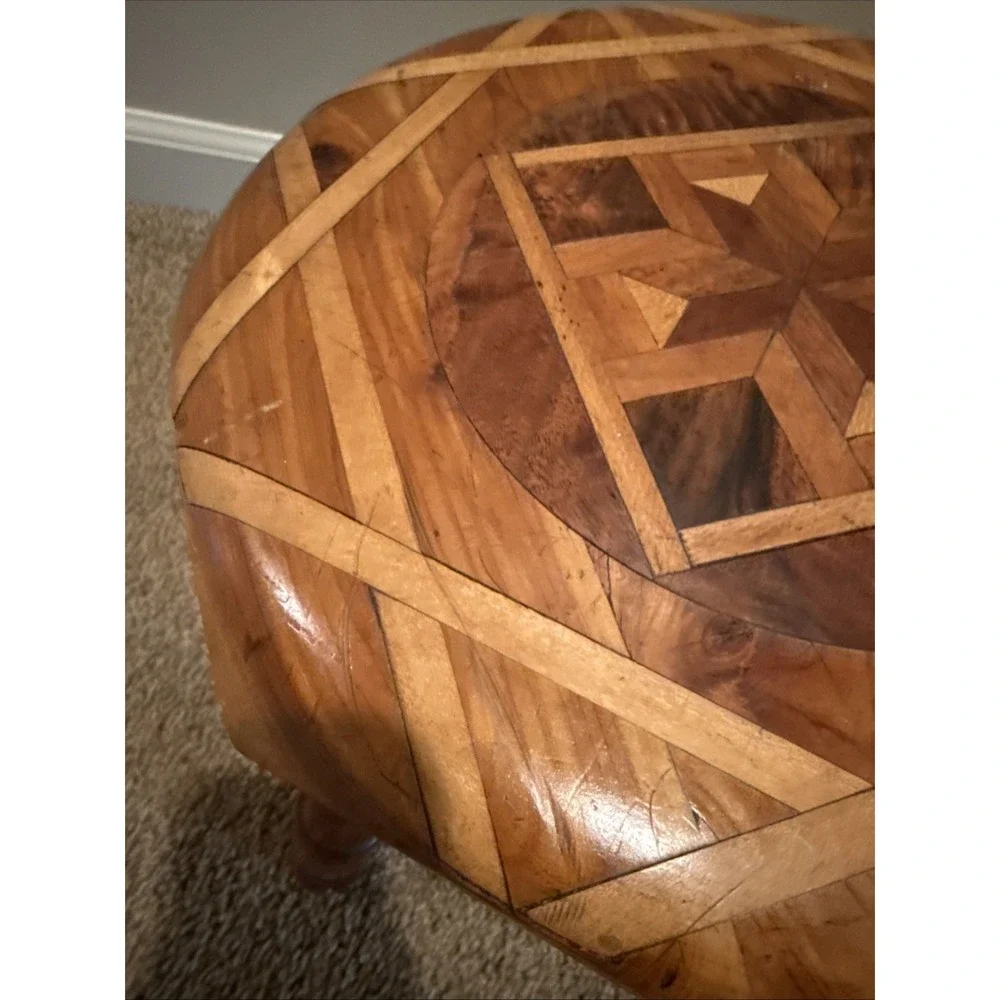 VTG Inlaid Wood Footstool Marquetry Geometric Pattern MCM 10.5